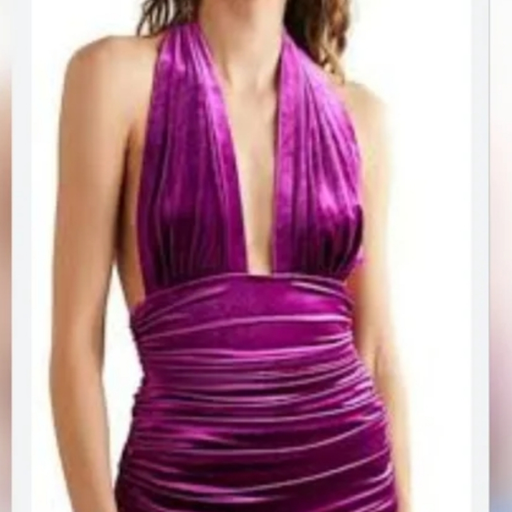 Norma Kamali Ruched Pink/Fuschia/Purple Jumpsuit Plunge Neckline
